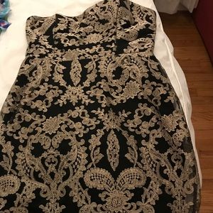 Strapless black and gold wedding guest dress/